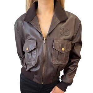CHANEL Vintage CC Mark Logo Leather Jacket Top #38 Brown Gold Silk Zip [105712]